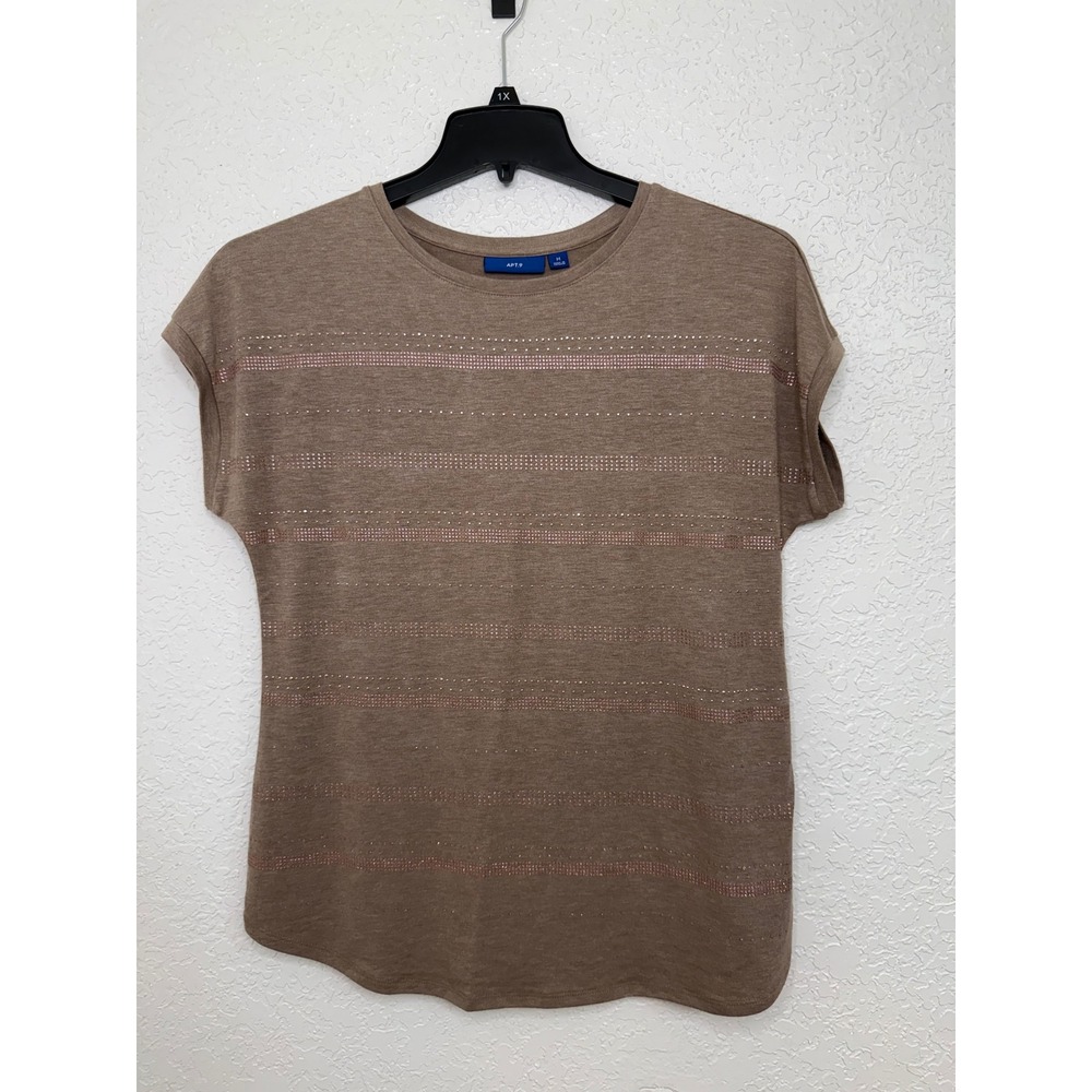 Apt. 9 Womens Medium Taupe‎ Brown Rhinestone Striped Short Sleeve Knit Top